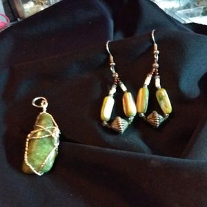 Vintage Green Jasper wire wrapped pendant and earr